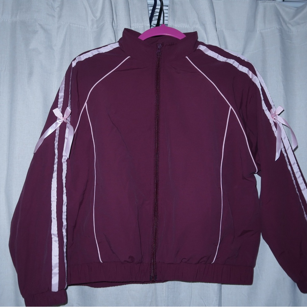 Women's Burgundy Bomber Jacket with Pale Pink Ribbon Trim